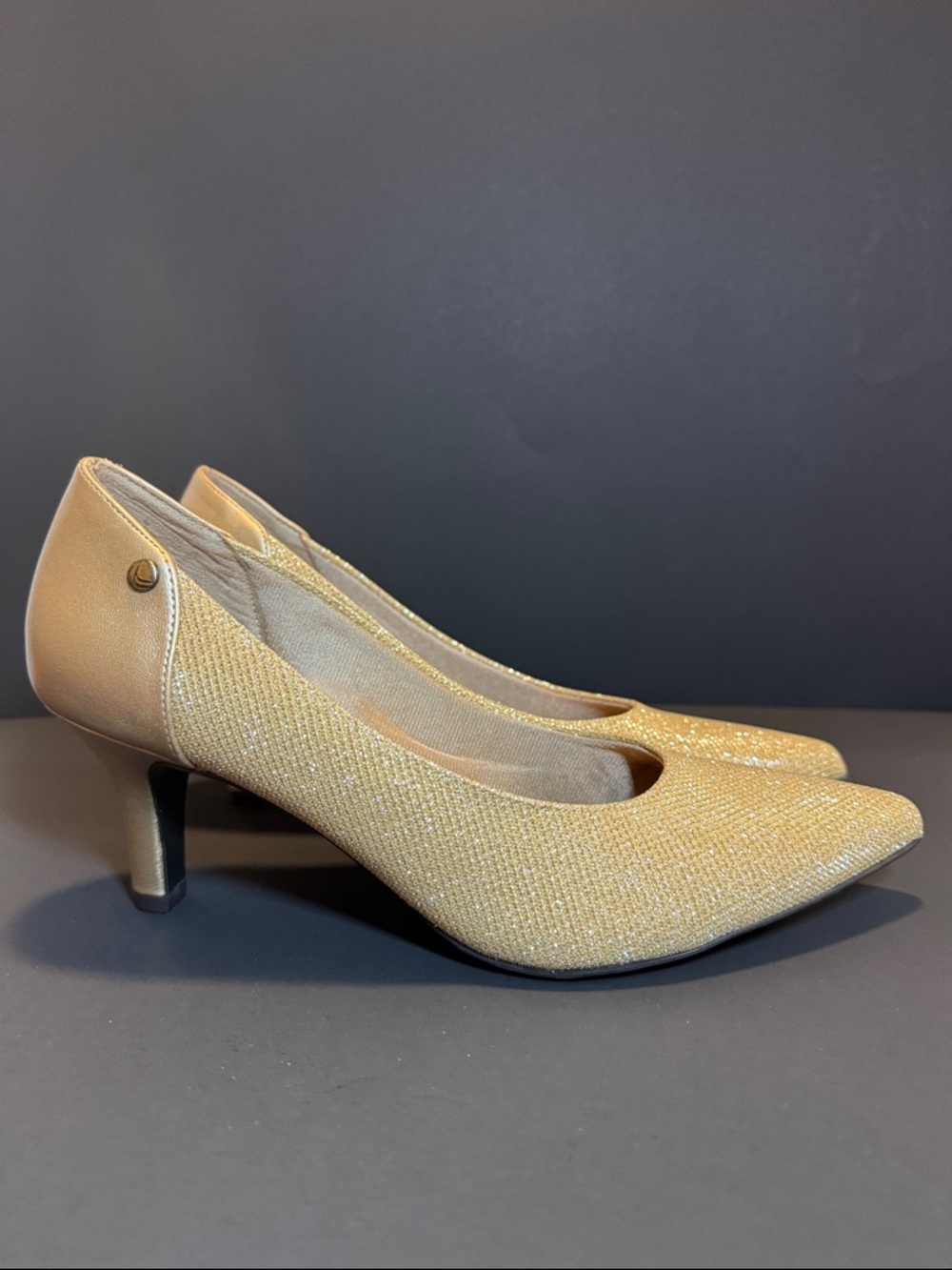 Women's Shimmery Gold Pointed Low Heel Pumps - Picture 2 of 10